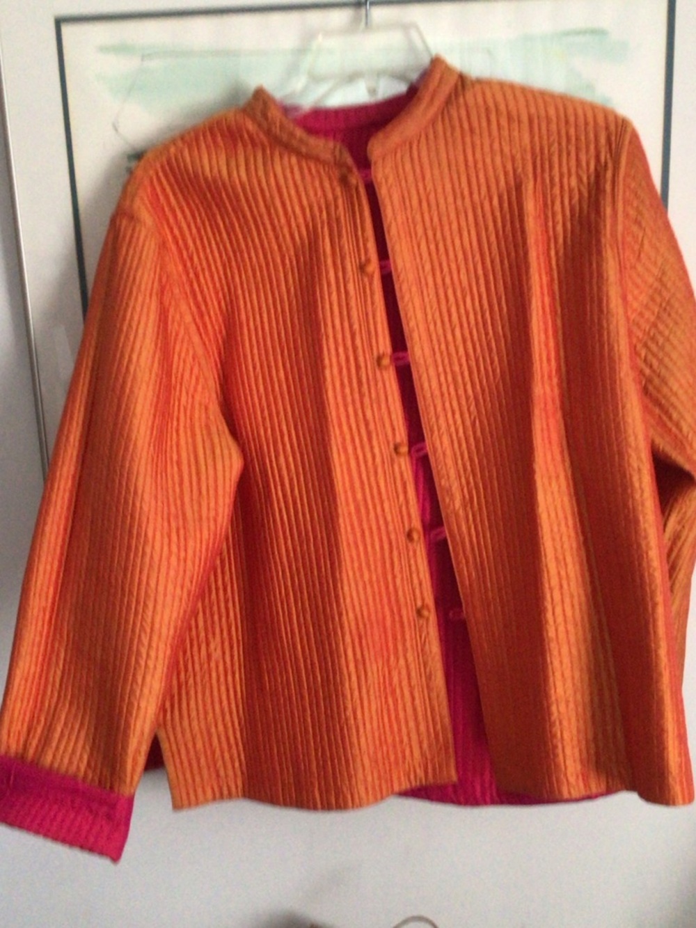 Classic Women's Reversable Quilted Silk Jacket in Fuchsia and Orange. - Picture 2 of 2